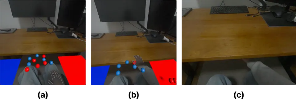 Three first-person views of the mixed reality ball-sorting task and hand-tracking failure.